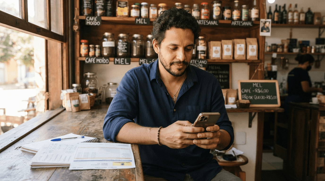 Homem sentado ao balcão da própria loja de produtos artesanais, consultando o celular ao lado de anotações e um extrato impresso