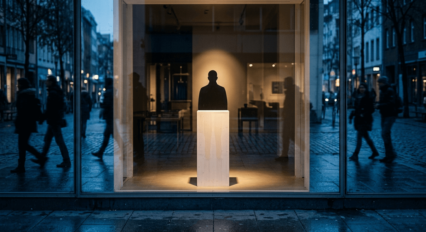 Vitrine iluminada de uma loja ao anoitecer, com um busto em silhueta sobre um pedestal em destaque, enquanto pessoas passam na calçada sem olhar para dentro