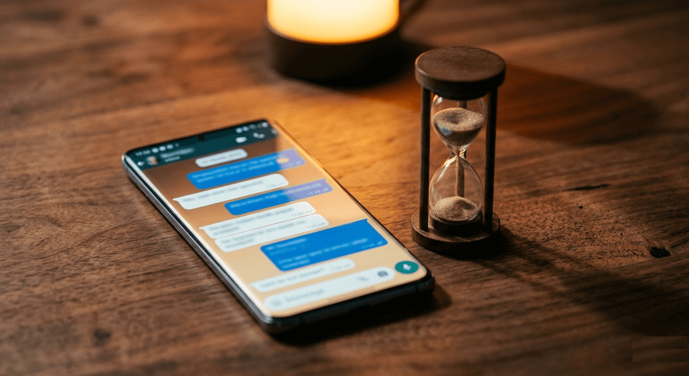 Celular sobre mesa de madeira exibindo uma conversa de mensagens ao lado de uma ampulheta com a areia caindo