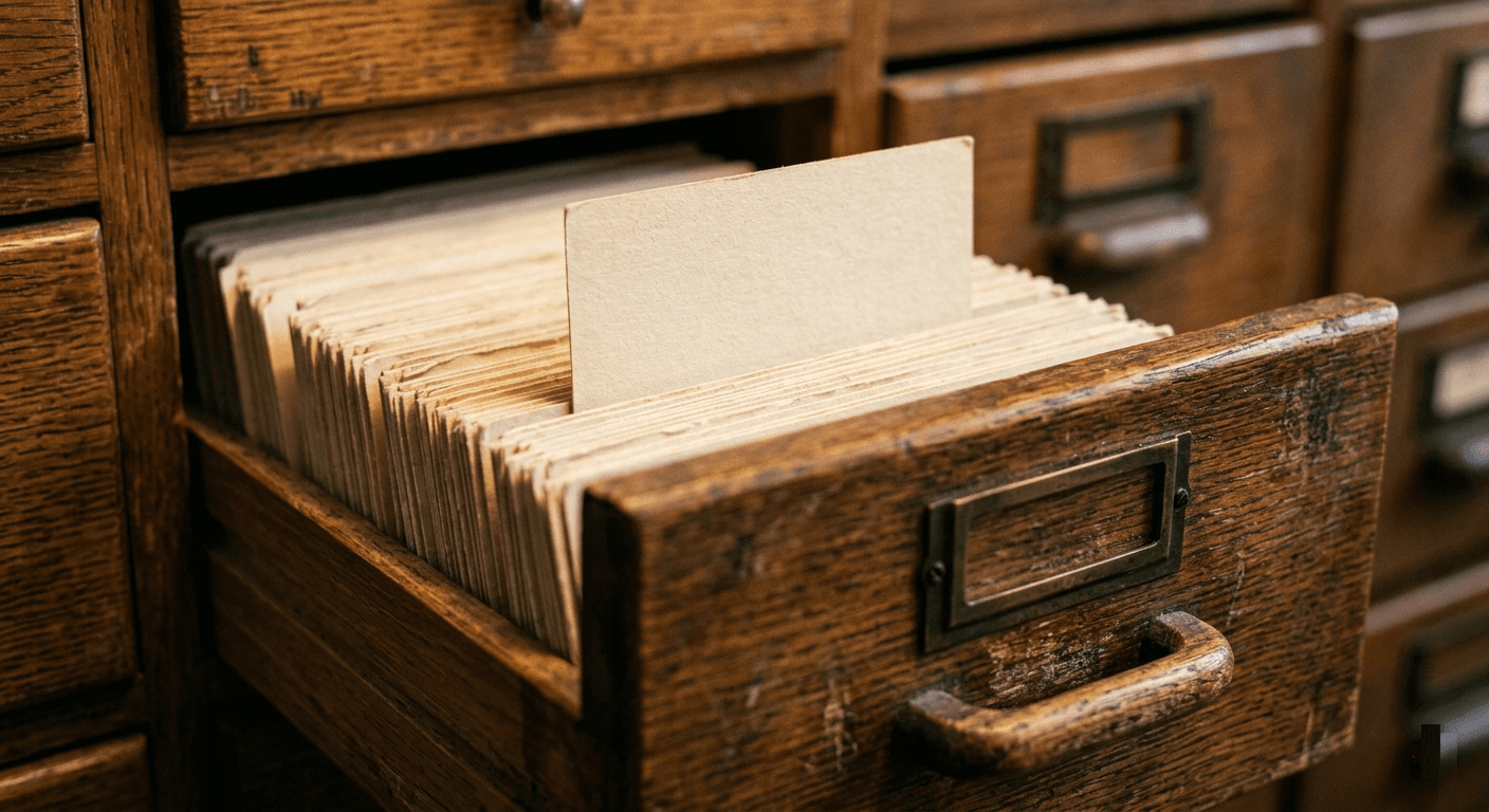 Gaveta de fichario de madeira aberta, cheia de fichas de papel envelhecidas, com uma ficha em branco destacada acima das demais