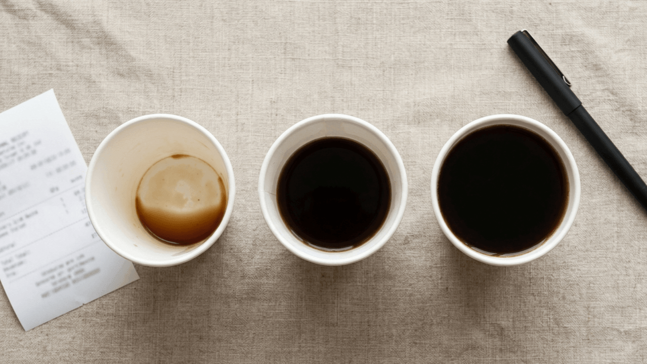 Tres copos de papel com cafe em niveis crescentes de vazio a cheio, ao lado de um recibo desfocado e uma caneta, representando o aumento do uso e do custo