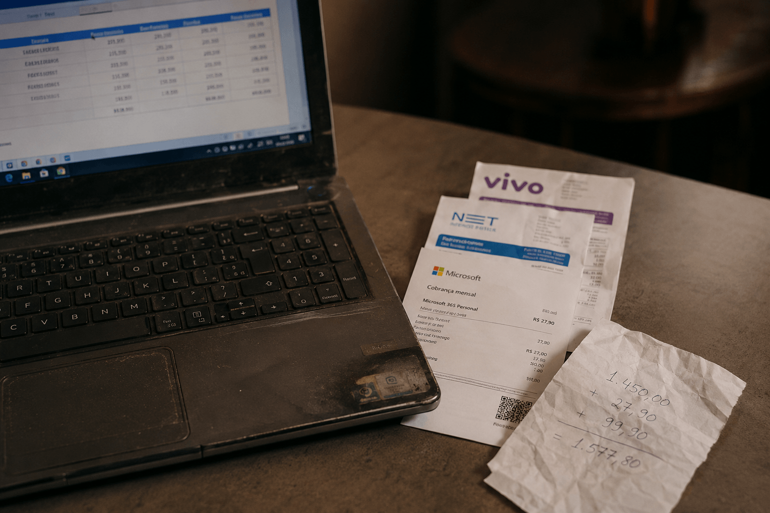 Notebook com planilha aberta ao lado de contas de Vivo, NET e Microsoft 365 e uma soma anotada à mão