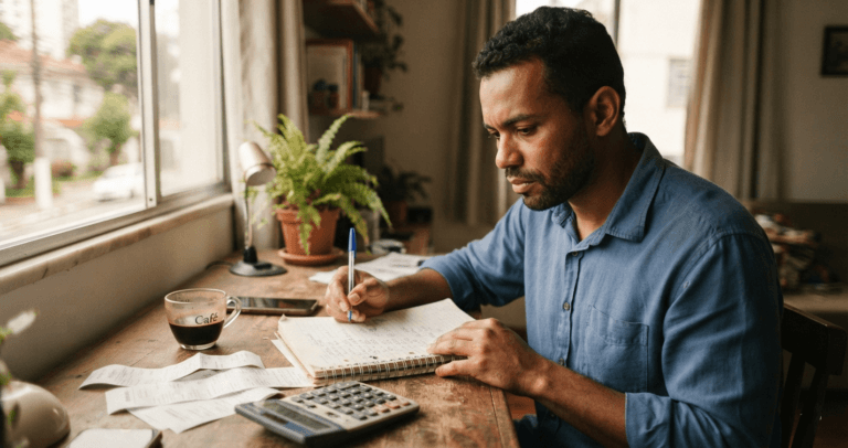 Homem calculando preços com recibos, calculadora e café em uma mesa de trabalho