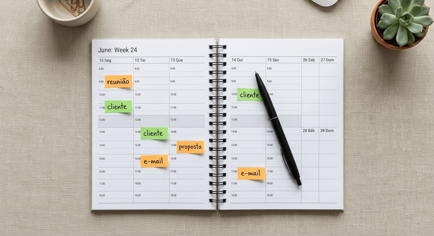 Planner com notas adesivas coloridas marcando reuniões, clientes, propostas e e-mails