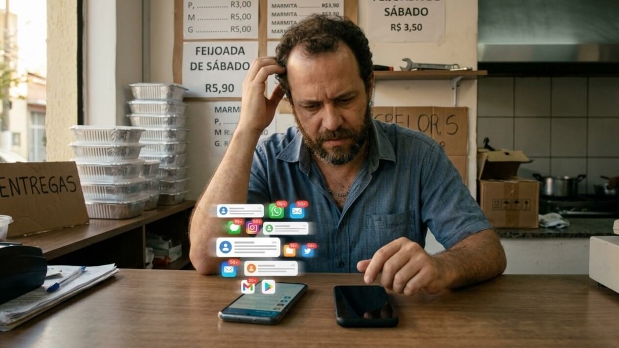 Pequeno empresário brasileiro observando dois celulares sobre o balcão do negócio