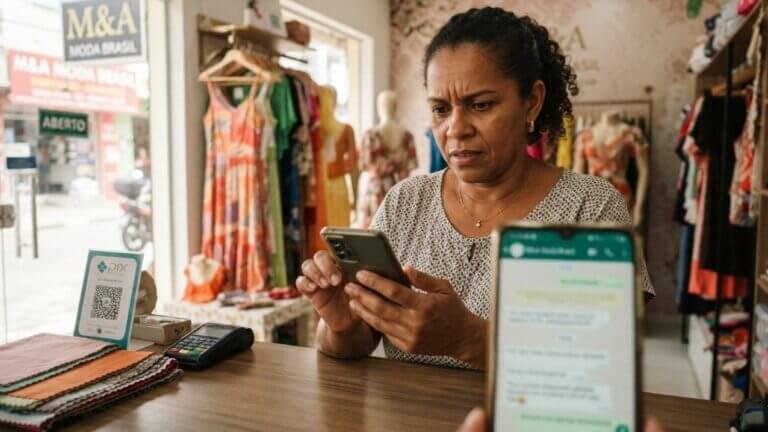Microempreendedora brasileira segurando celular com WhatsApp Business aberto dentro da loja