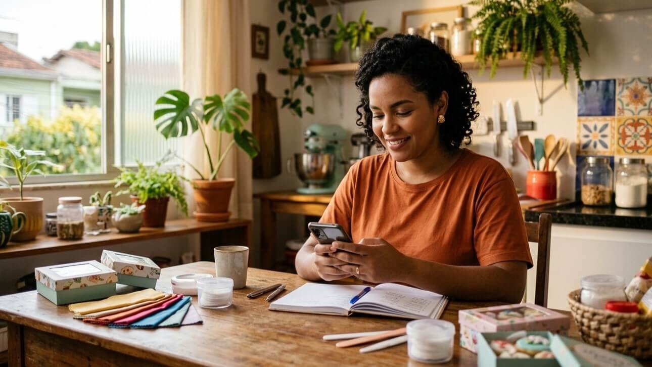 Jovem empreendedora brasileira organizando contatos no celular em ambiente caseiro