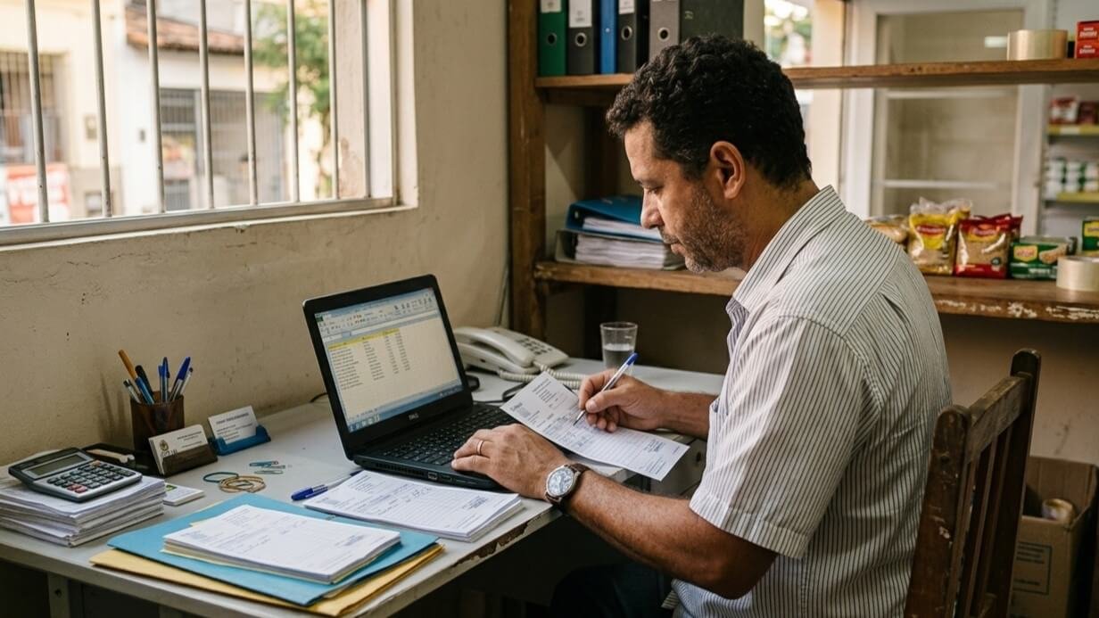 Pequeno empresário brasileiro revisando lista de clientes no computador