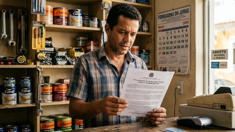 Pequeno empresário brasileiro observando documento sobre a reforma tributária em sua loja