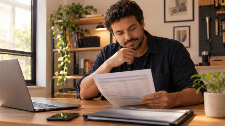 Pequeno empresário brasileiro revisando planilha impressa de folha de pagamento e faturamento