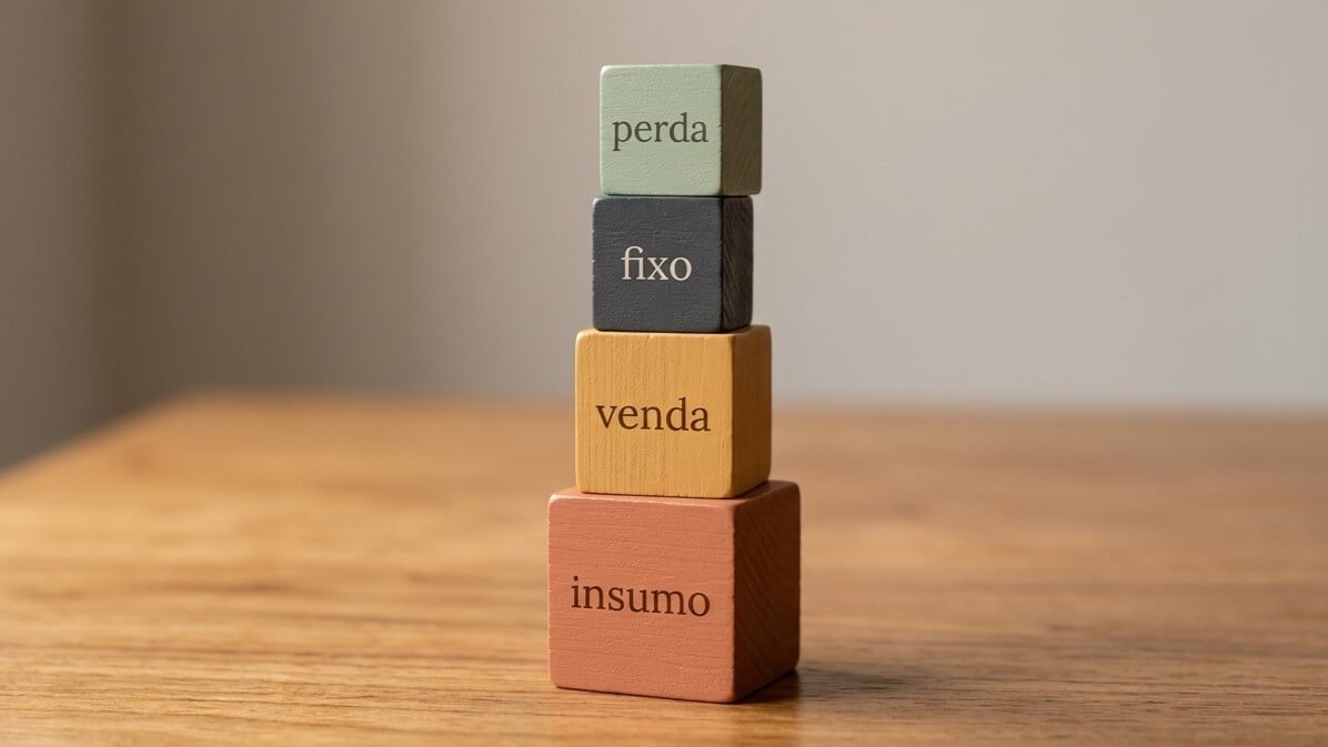 Quatro blocos de madeira empilhados representando insumo, venda, fixo e perda