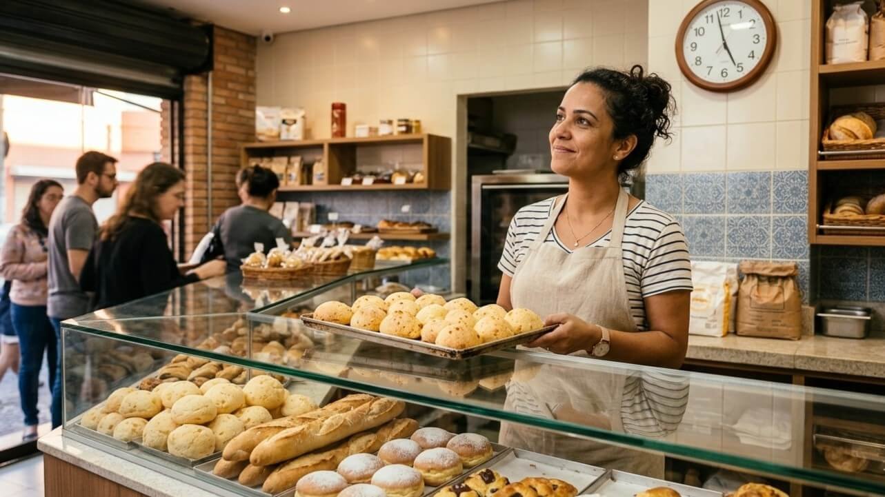 Dona de padaria brasileira segurando bandeja de pães e olhando para o relógio