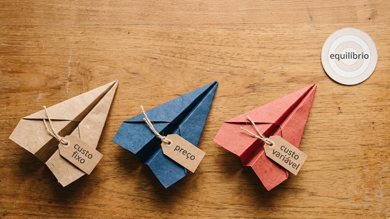 Três aviõezinhos de papel rotulados custo fixo, preço e custo variável convergindo para um alvo