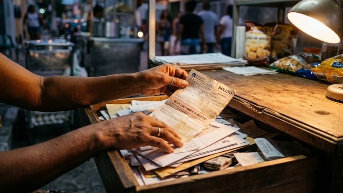 Mãos de pequeno comerciante brasileiro retirando um boleto atrasado de uma gaveta de documentos