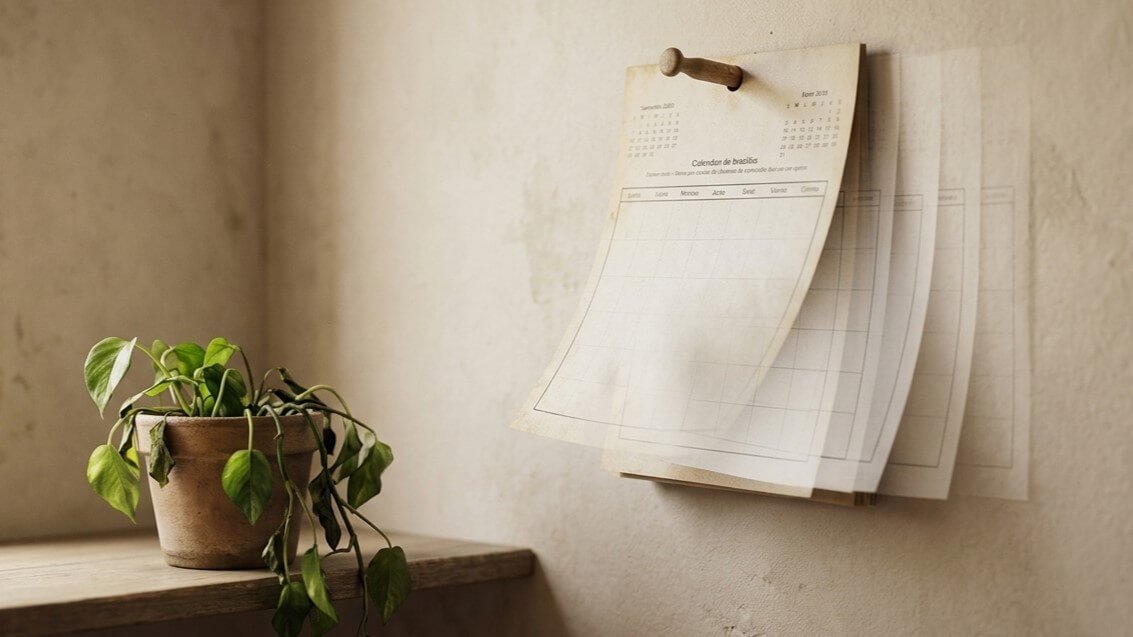 Calendário de parede com meses passados desaparecendo, ao lado de uma planta murchando