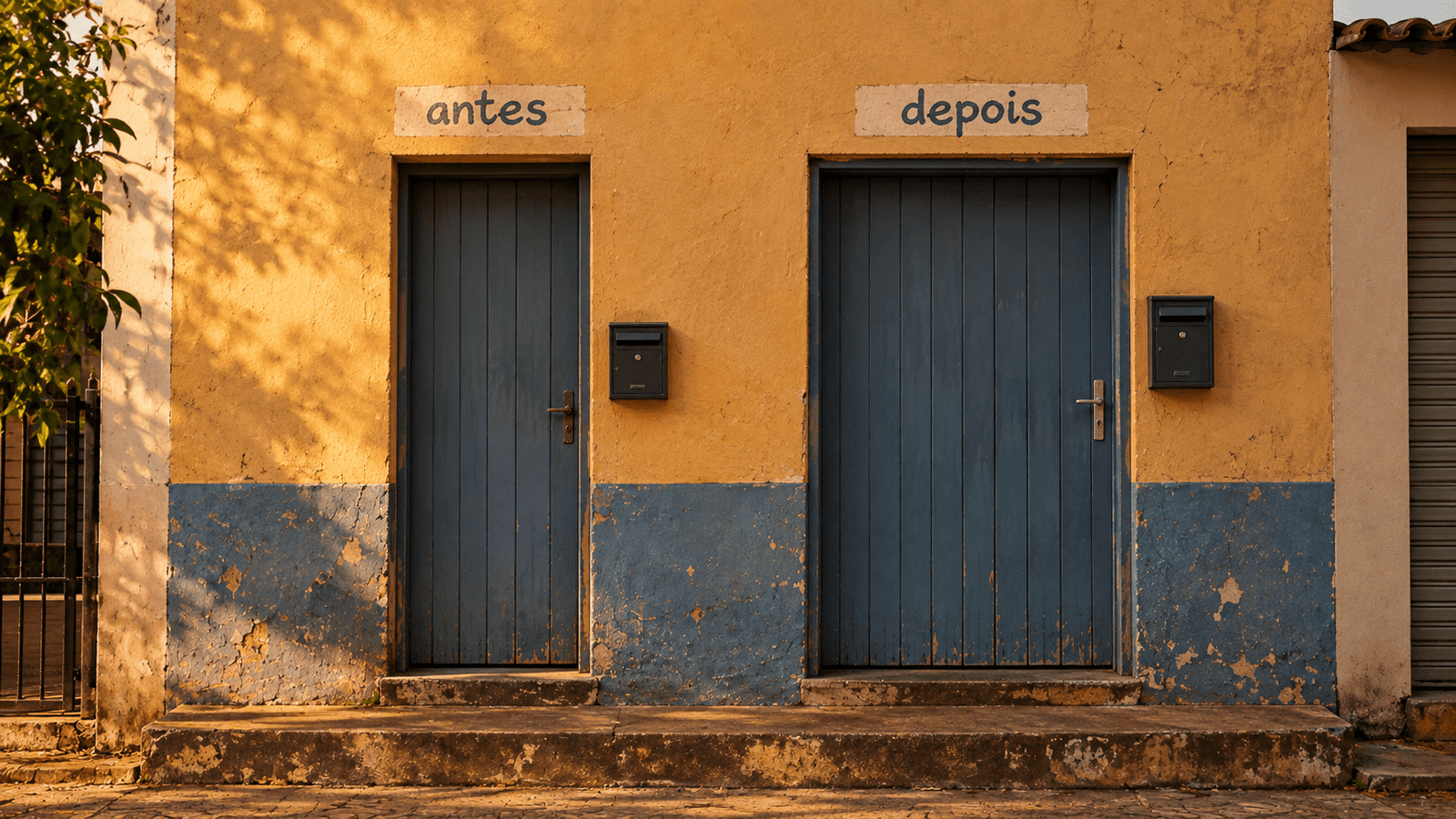 Fachada de comércio brasileiro com duas portas lado a lado, marcadas antes e depois