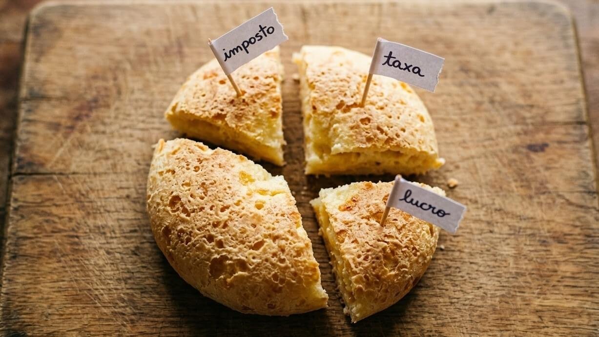 Pão de queijo redondo cortado em quatro fatias, com bandeirinhas de papel escritas imposto, taxa e lucro