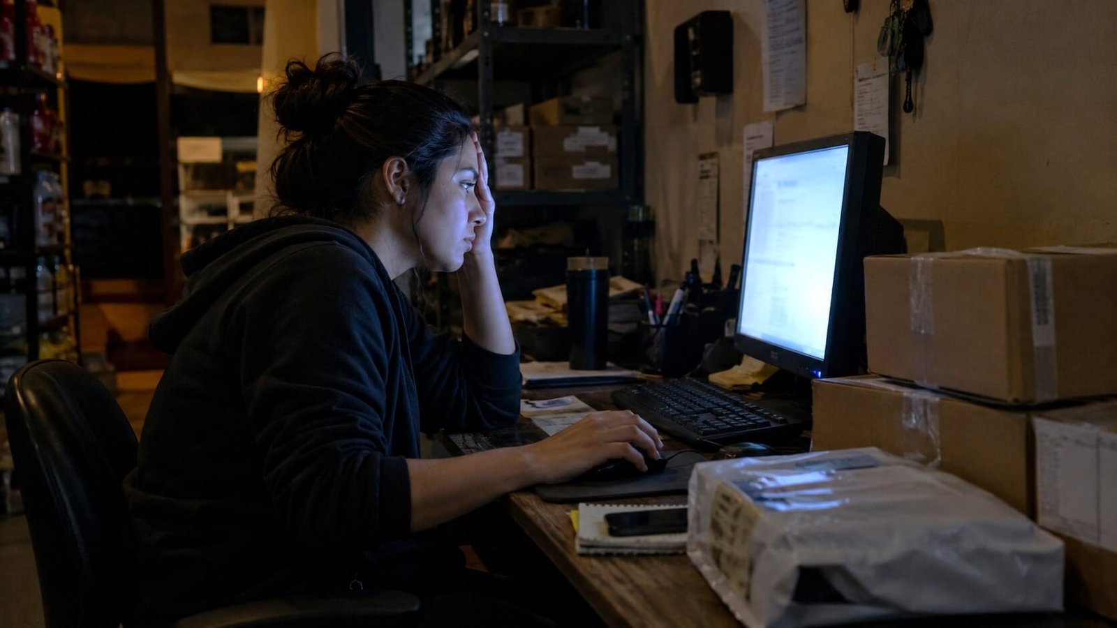 Jovem empreendedora brasileira diante do monitor no escritório dos fundos da loja, com caixas de pedidos esperando