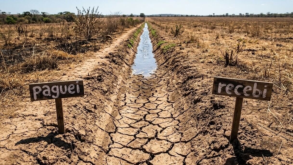 Canal estreito de irrigação em terra seca, com água de um lado e um trecho seco entre os marcadores "paguei" e "recebi"