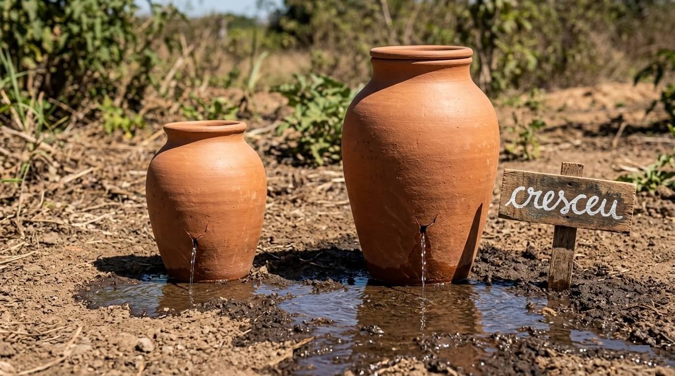 Dois potes de barro idênticos vazando, o maior deles com uma poca de água bem mais larga no chão, com uma placa que diz "cresceu"