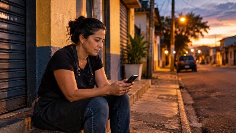 Dona de um pequeno comércio sentada no degrau da loja fechada, segurando o celular com as duas mãos antes de enviar uma mensagem