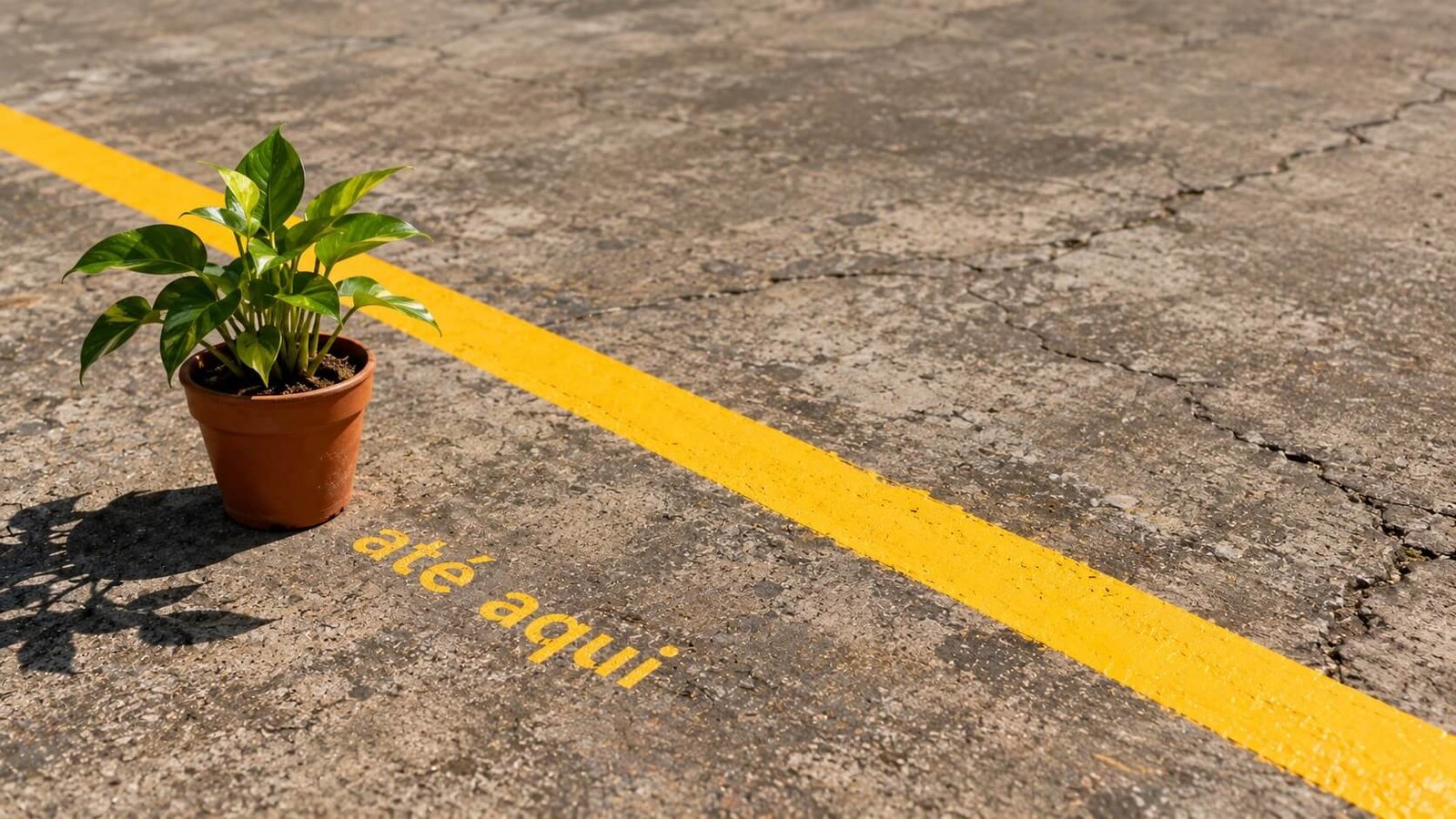 Linha amarela recém-pintada atravessando o concreto: de um lado um vaso com planta viva, do outro o piso rachado e vazio