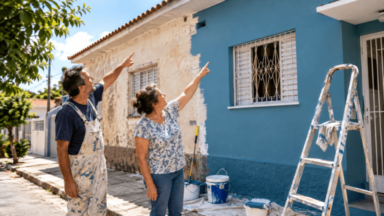 Pintor e dona da casa na calçada apontam para pontos diferentes de uma fachada pintada pela metade