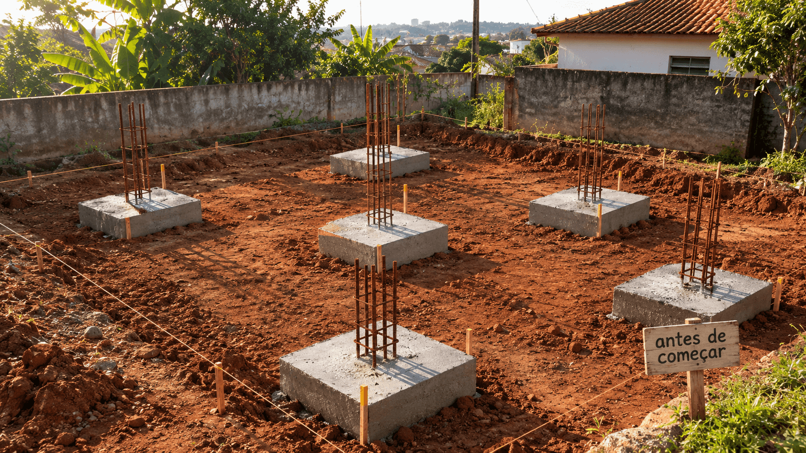 Fundação de uma pequena obra com sete sapatas de concreto já curadas e uma placa escrita “antes de começar”