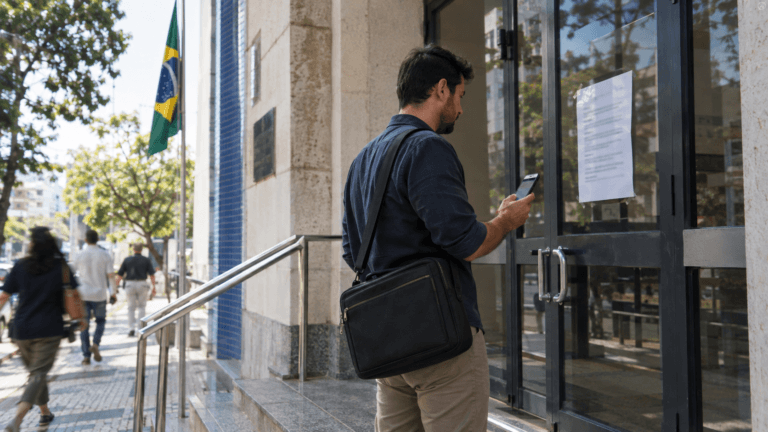 Prestador de serviço lê um aviso impresso colado na porta de vidro de um prédio público municipal, com o celular na outra mão