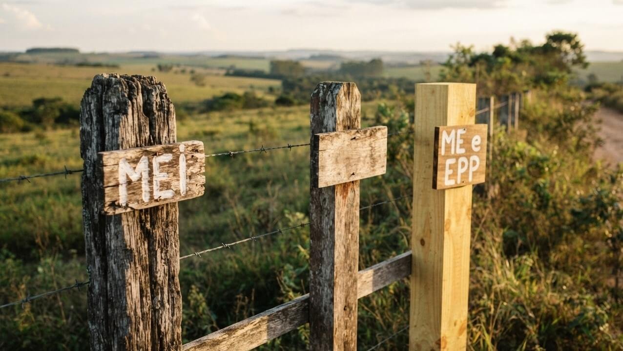 Três mourões de cerca em estrada rural, do mais envelhecido ao mais novo, com placas "MEI" no mais antigo e "ME e EPP" no mais recente