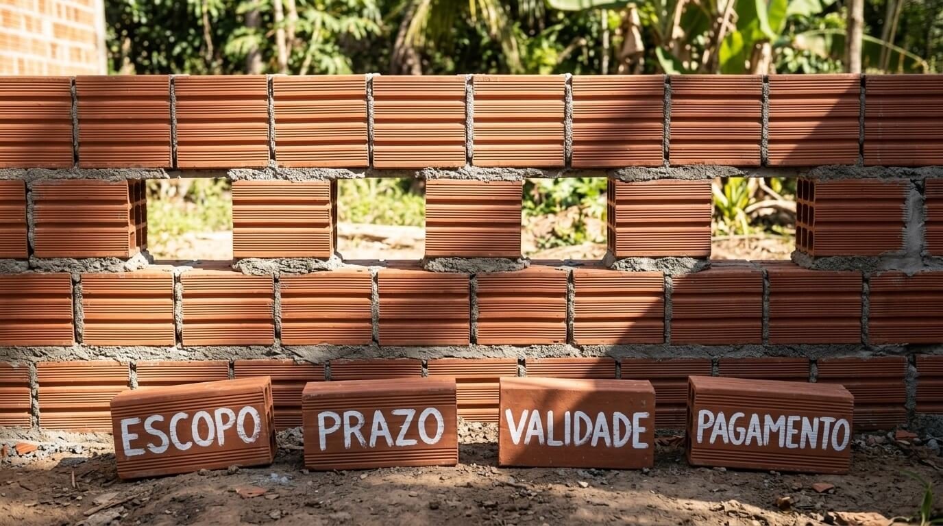 Muro de tijolos em construção com quatro lacunas vazias no meio da fiada, e quatro tijolos no chão com as palavras escopo, prazo, validade e pagamento