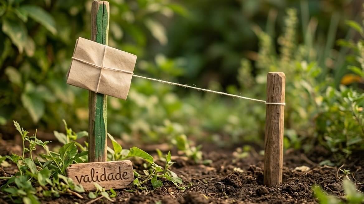 Estaca de madeira fincada no jardim segura um bilhete dobrado, ligado por um fio a uma segunda estaca mais curta, com uma placa que diz validade