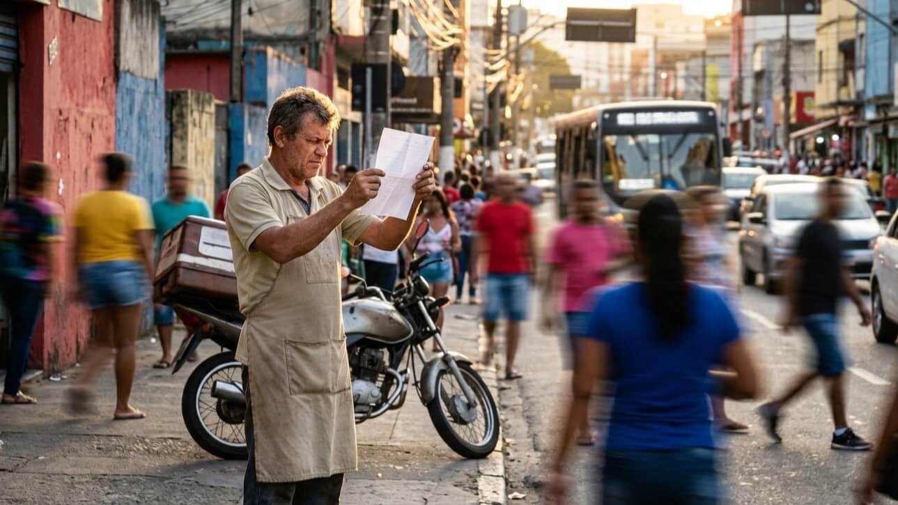 Dono de pequeno negócio de avental lê uma folha dobrada contra o sol baixo, numa esquina movimentada