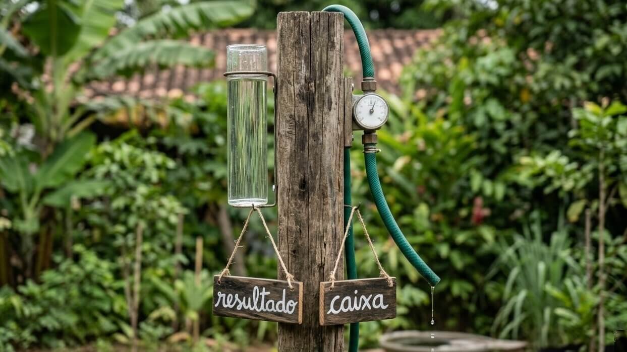 Pluviômetro cheio e medidor de vazão com um fio de água, lado a lado num poste: dois instrumentos certos com medidas diferentes