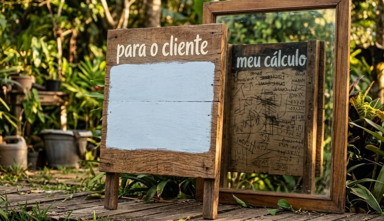 Placa de madeira em quintal ensolarado mostra, por um espelho ao fundo, o lado limpo voltado para o cliente e o lado rascunhado com o cálculo interno