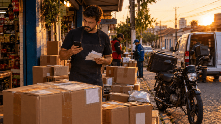Dono de loja na calçada, entre caixas de papelão à espera de entregadores, faz contas olhando o celular e um maço de etiquetas