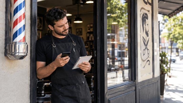 Barbeiro encostado na porta da barbearia confere a agenda no celular e num caderno de anotações