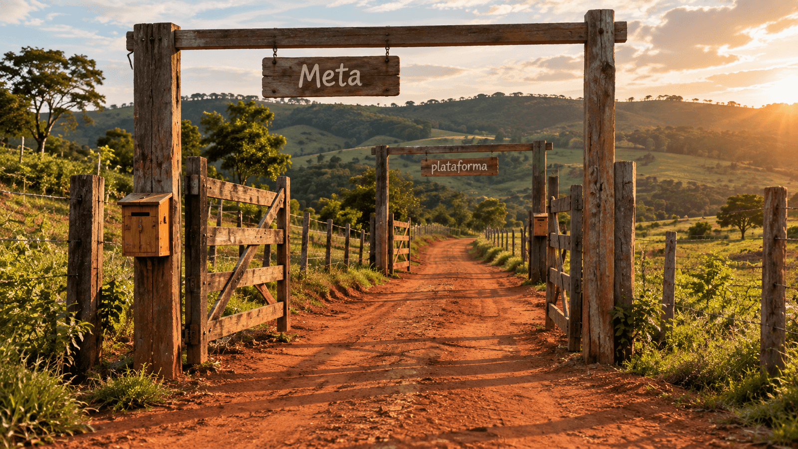 Estrada de terra que passa por duas porteiras seguidas, cada uma com sua caixinha de pedágio e as placas Meta e plataforma