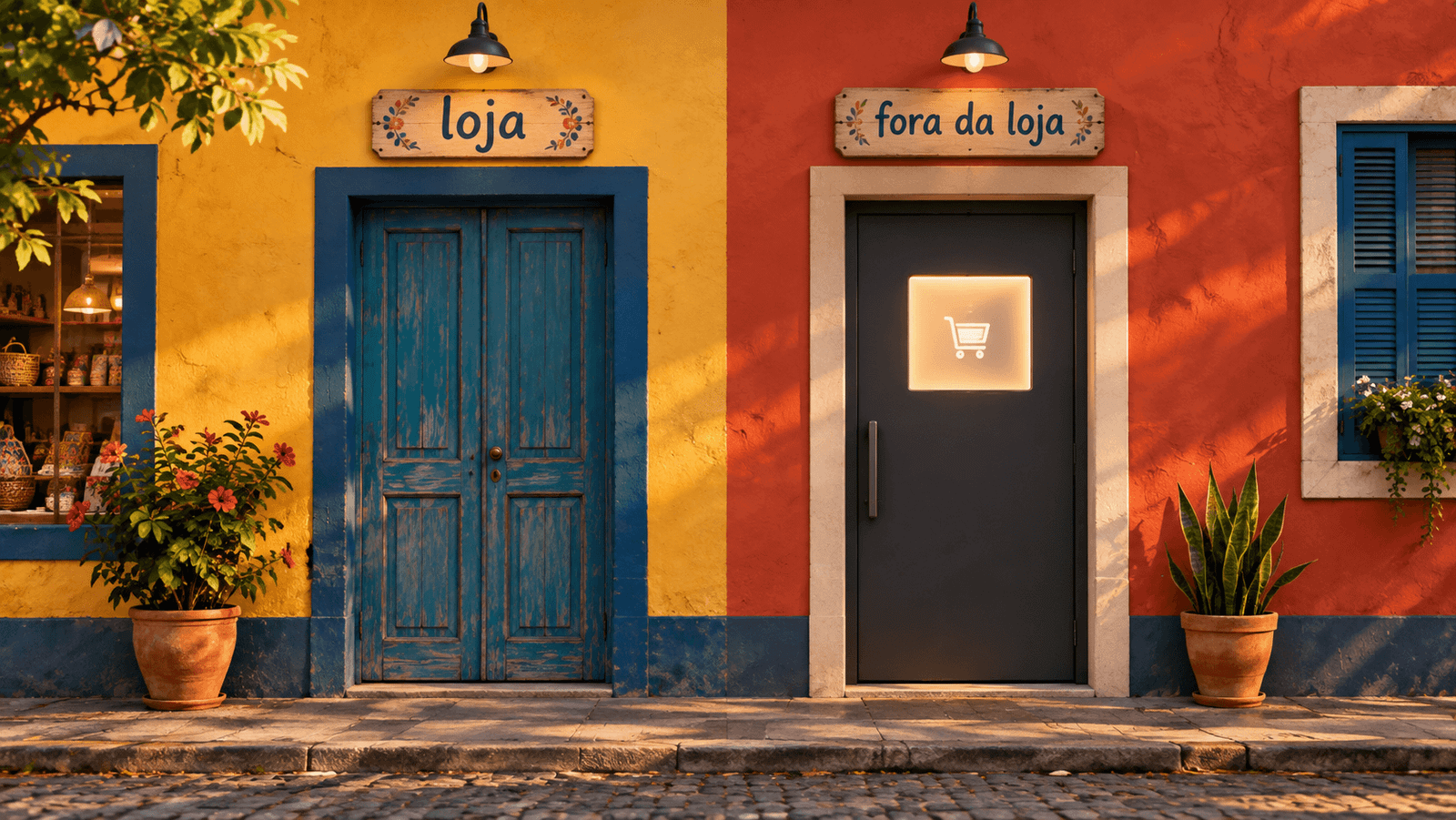 Fachada colorida com duas portas lado a lado, uma de madeira tradicional e outra moderna com uma janela que brilha como uma tela, sob as placas loja e fora da loja