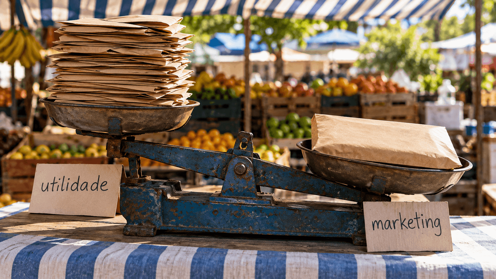 Balança de ferro numa banca de feira, com muitos envelopes pequenos num prato e um envelope grosso no outro, pendendo para o envelope grosso, com as etiquetas utilidade e marketing